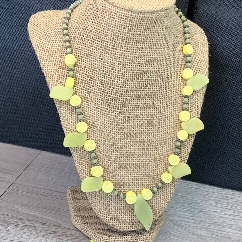 Yellow Lemon Slice and Green Leaf Beaded Necklace 20 Inch Summer Fruit Jewelry